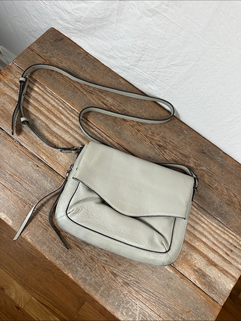 Vince Camuto Light Gray Pebbled Leather Crossbody with Front Flap